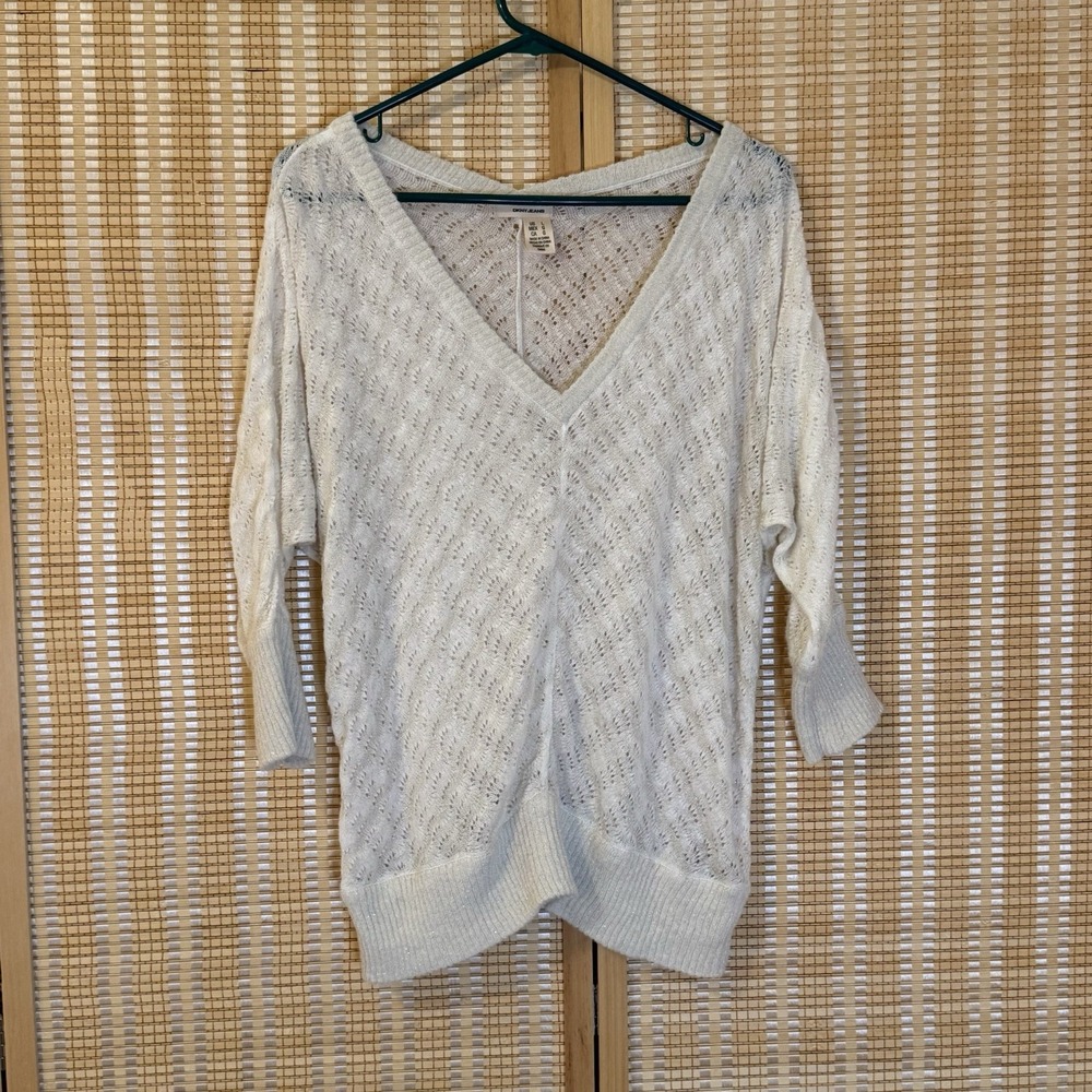 DKNY Womens L Sweater Cream Eyelet Knit V Neck 3/4 Sleeve Boho Cottage Y2K‎